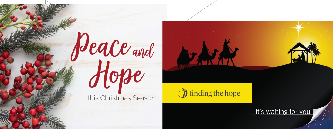 The EHC Christmas package, including a Christmas card, envelope, and booklet. The Christmas card text says 